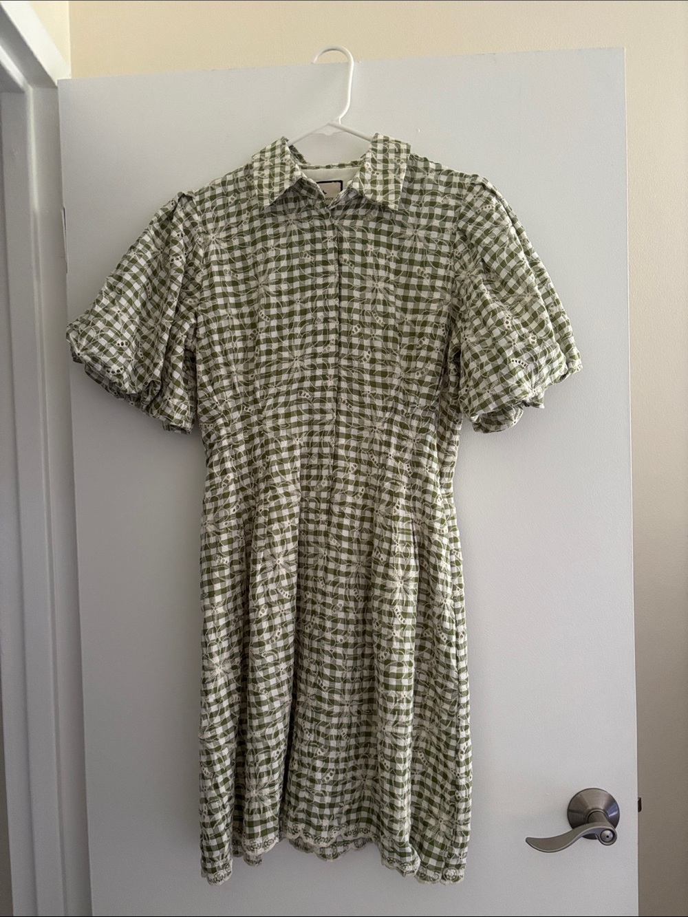 Embroidered Floral Green Gingham Mini Delaney Dress